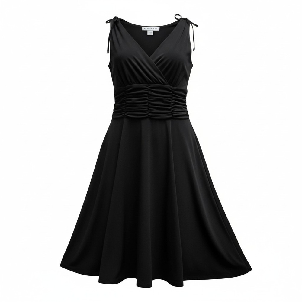 AA Studio Black Fit & Flare Dress Womens 6 Ruched Waist V-Neck Midi Sleeveless